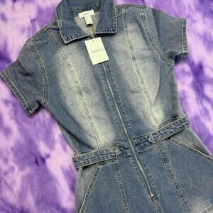 NWT forever 21 denim stretch short sleeve flared faded jumpsuit